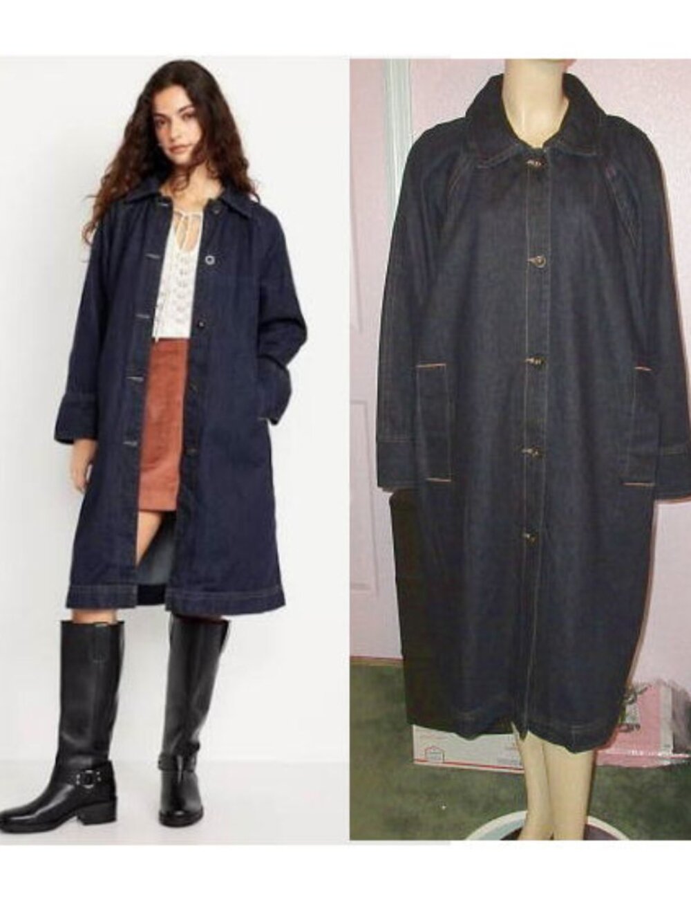 Old Navy Women's Long Denim Barn Coat Size XL Trench Duster Country Western Farm
